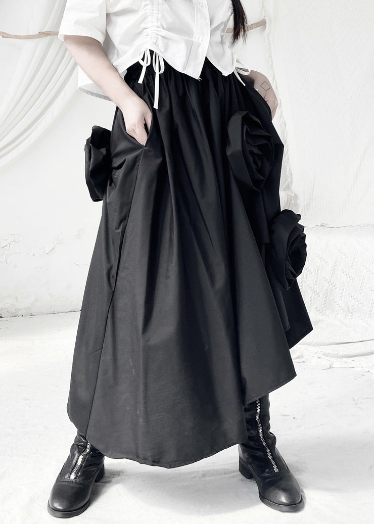 Women Black Asymmetrical Floral Elastic Waist Maxi Dress Fall
