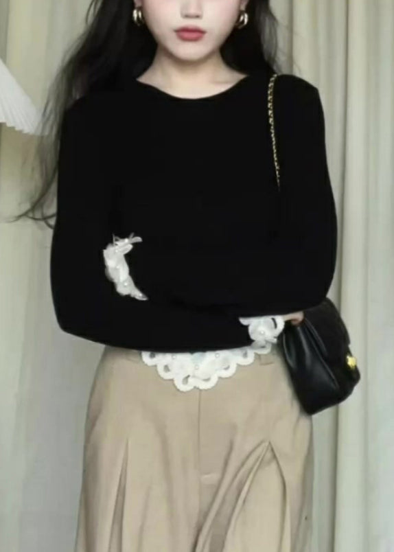 Women Black Asymmetrical Lace Patchwork Knit Sweaters Long Sleeve