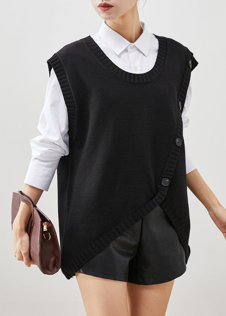 Women Black Asymmetrical Patchwork Knit Vest Top Fall