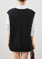 Women Black Asymmetrical Patchwork Knit Vest Top Fall