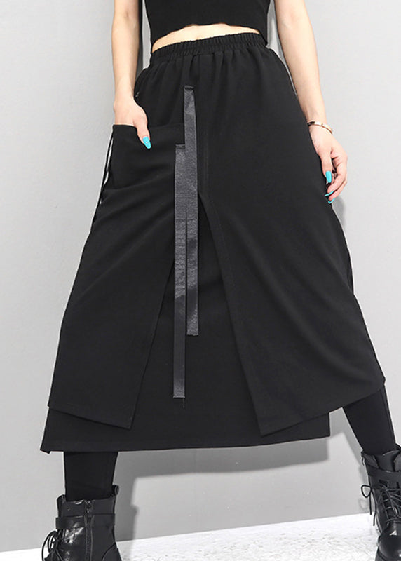 Women Black Asymmetrical Patchwork Pockets Elastic Waist Skirts Fall