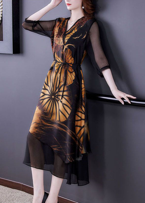 Women Black Asymmetrical Patchwork Print Silk Dress Summer