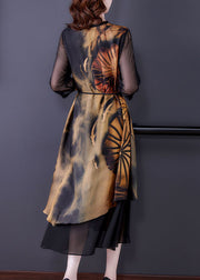 Women Black Asymmetrical Patchwork Print Silk Dress Summer