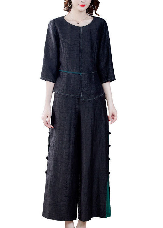 Women Black Asymmetrical Patchwork Wrinkled Silk Two Piece Suit Set Summer