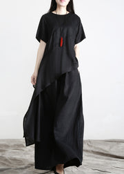 Women Black Asymmetrical Solid Linen Top And Pants Two Pieces Set Short Sleeve