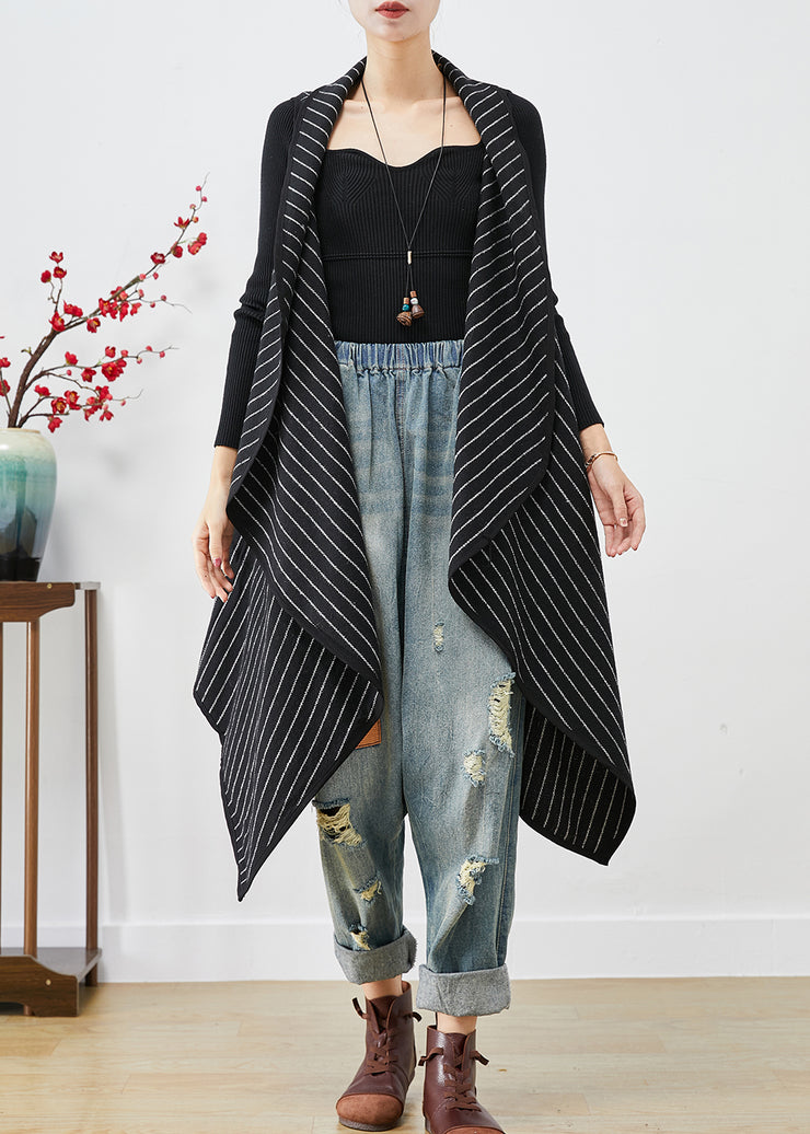 Women Black Asymmetrical Striped Cotton Long Vest Fall