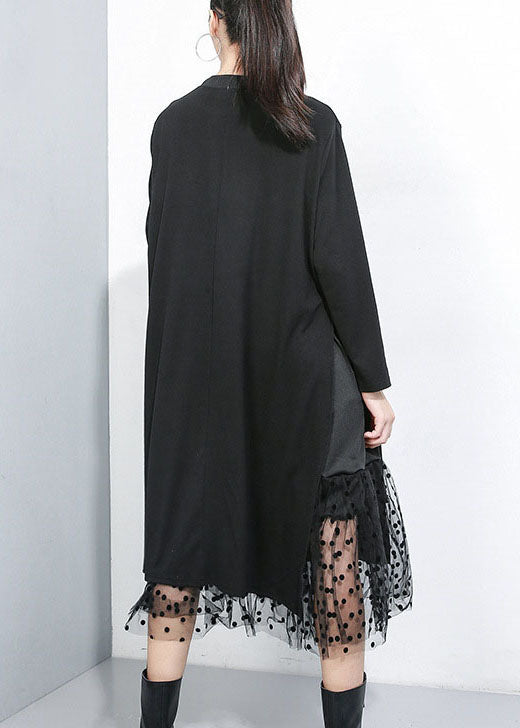 Women Black Asymmetrical Tulle Patchwork Cotton Maxi Dresses Spring