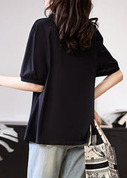 Women Black Asymmetrical Wrinkled Patchwork Cotton T Shirt Summer