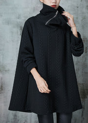 Women Black Asymmetrical Zippered Knit Sweatshirt Spring