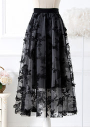 Women Black Butterfly Elastic Waist Tulle A Line Skirts Spring