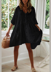 Women Black Button Cotton Pockets Summer Vacation Dresses - SooLinen
