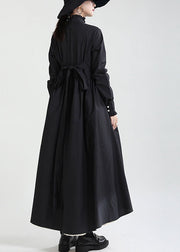 Women Black Button Patchwork asymmetrical design Fall Dresses Long sleeve