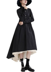 Women Black Button Patchwork asymmetrical design Fall Dresses Long sleeve