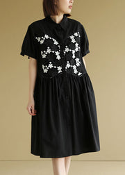 Women Black Button Peter Pan Collar Embroidered Cotton Shirt Pleated Dress Short Sleeve