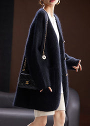 Women Black Button Pockets Cotton Knit Cardigan Long Sleeve
