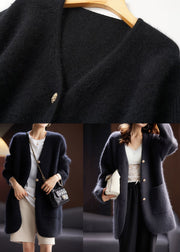 Women Black Button Pockets Cotton Knit Cardigan Long Sleeve