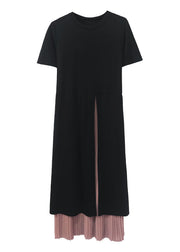 Women Black Chiffon Patchwork side open Dresses Short Sleeve