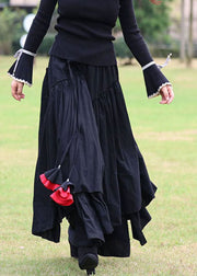 Women Black Cinched Patchwork Cotton Skirt Spring