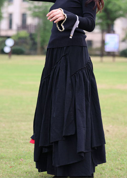 Women Black Cinched Patchwork Cotton Skirt Spring