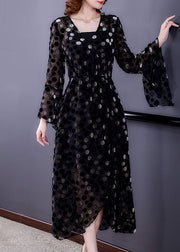 Women Black Cinched Side Open Dot Silk Velour Maxi Dress Flare Sleeve