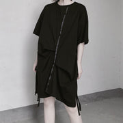 Women Black Clothes O Neck Half Sleeve Spring Dress - SooLinen
