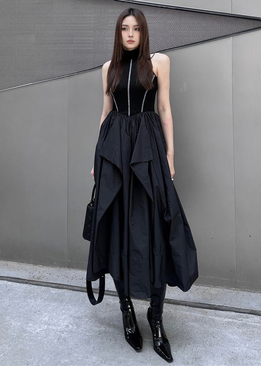 Women Black Cold Shoulder Patchwork Exra Large Hem Cotton Long Dresses Summer