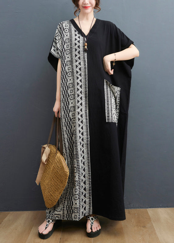 Frauen Schwarz Colorblock V-Ausschnitt Tasche Patchwork Urlaub Kleid Kurzarm