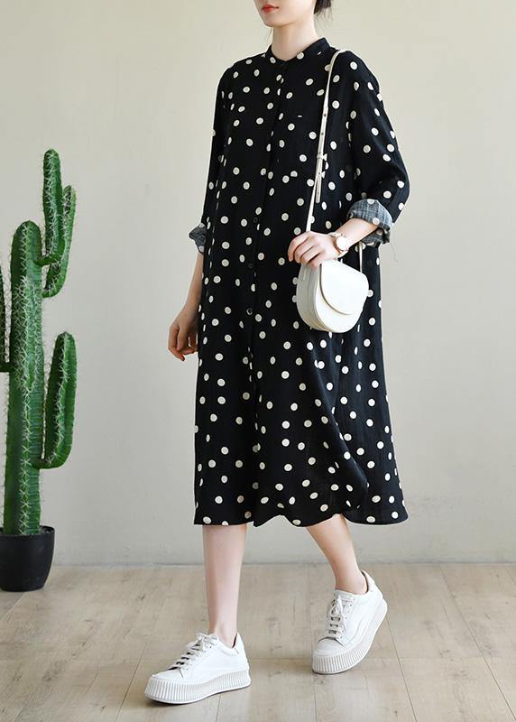 Women Black Dot Button Spring Maxi Dress - SooLinen