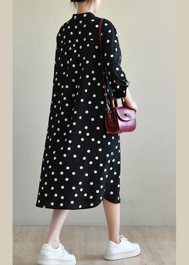 Women Black Dot Button Spring Maxi Dress - SooLinen