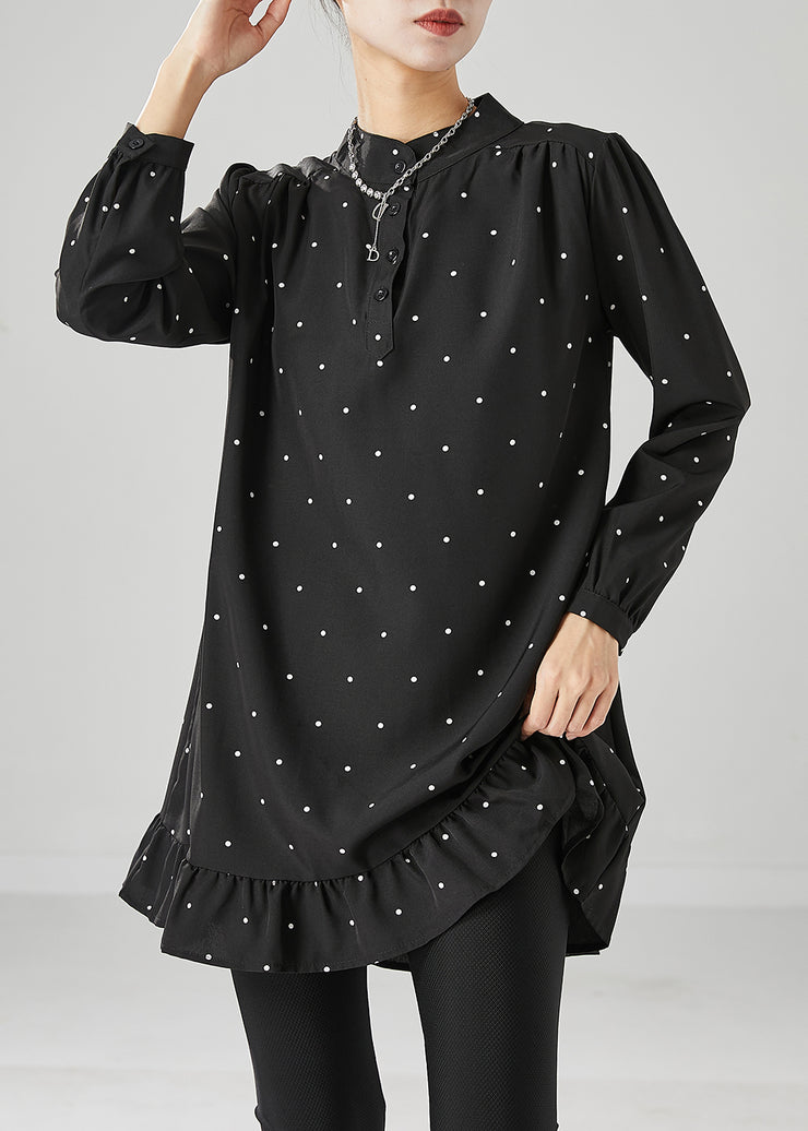 Women Black Dot Print Ruffles Cotton Mini Dresses Fall