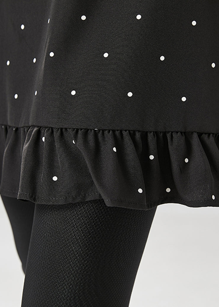 Women Black Dot Print Ruffles Cotton Mini Dresses Fall