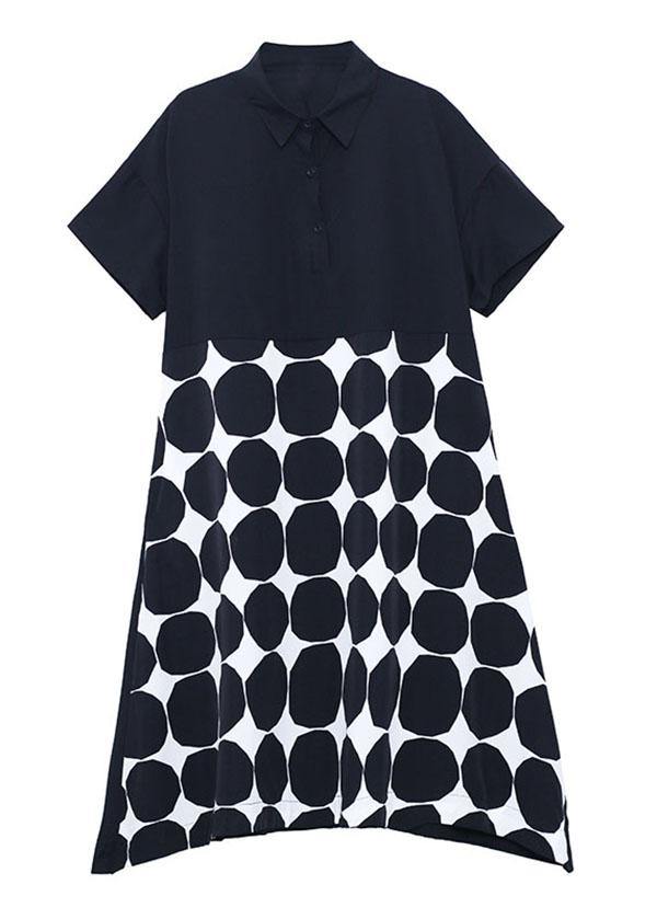 Women Black Dot Summer Short Sleeve Dress - SooLinen