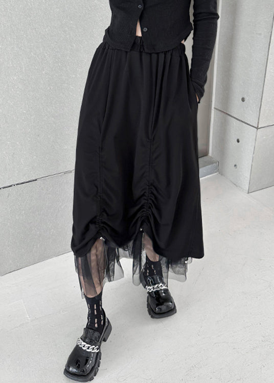 Women Black Drawstring Elastic Waist Tulle Patchwork Skirt Summer