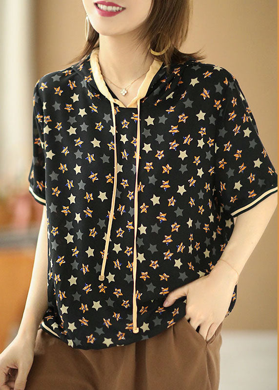 Damen-Streetwear-Oberteil aus Seide mit schwarzem Tunnelzug und Kapuze, Pentagramm-Print, Sommer