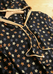 Women Black Drawstring Hooded Pentagram Print Silk Streetwear Top Summer
