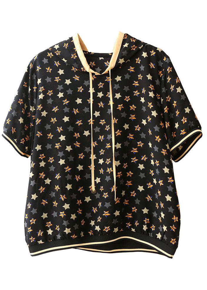Women Black Drawstring Hooded Pentagram Print Silk Streetwear Top Summer