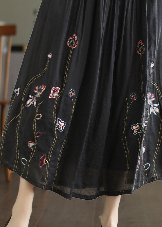 Women Black Elastic Waist Embroidered Linen Silk Skirt Spring