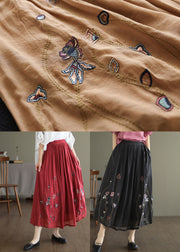 Women Black Elastic Waist Embroidered Linen Silk Skirt Spring