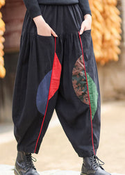 Women Black Elastic Waist Pockets Patchwork Warm Fleece Pants Winter