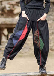 Women Black Elastic Waist Pockets Patchwork Warm Fleece Pants Winter