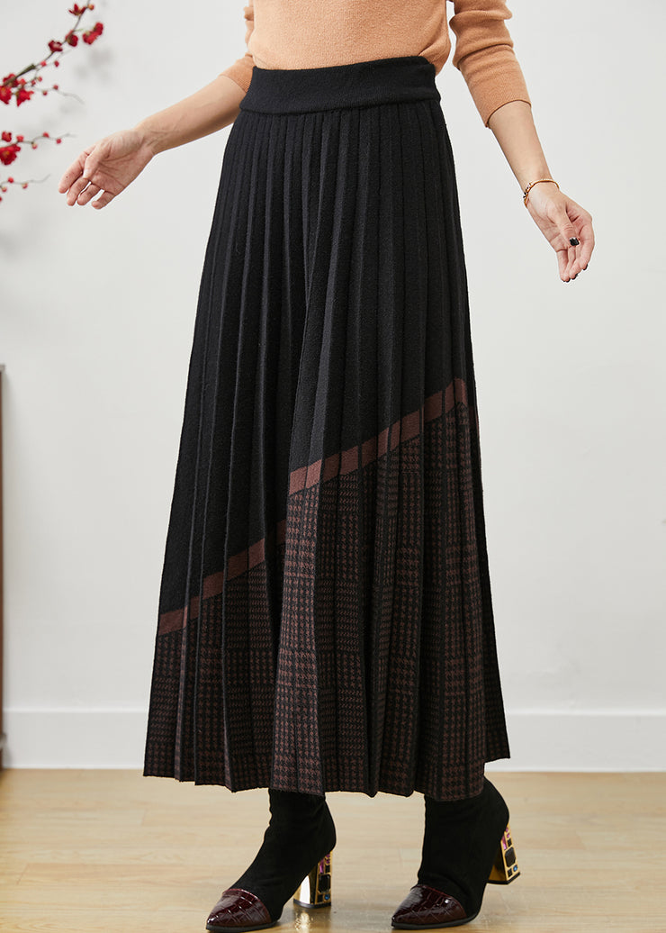 Women Black Elastic Waist Print Woolen Pleated Skirt Fall