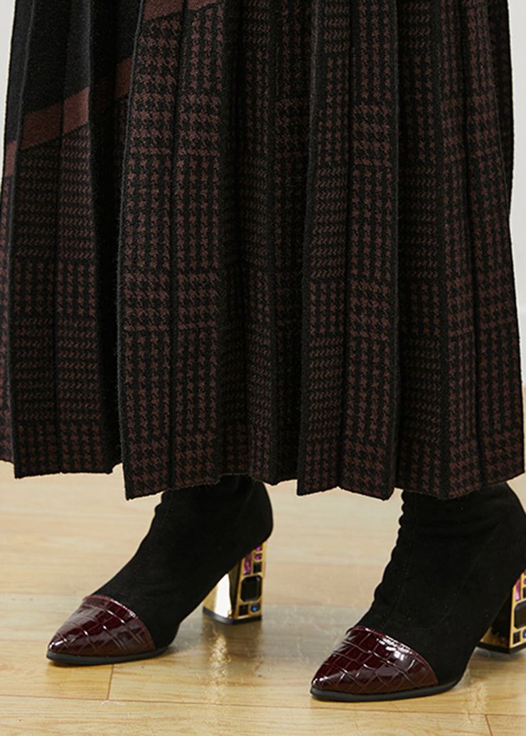Women Black Elastic Waist Print Woolen Pleated Skirt Fall