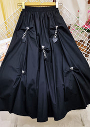 Women Black Elastic Waist Wrinkled Heart Decorated Cotton Skirts Summer