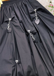 Women Black Elastic Waist Wrinkled Heart Decorated Cotton Skirts Summer
