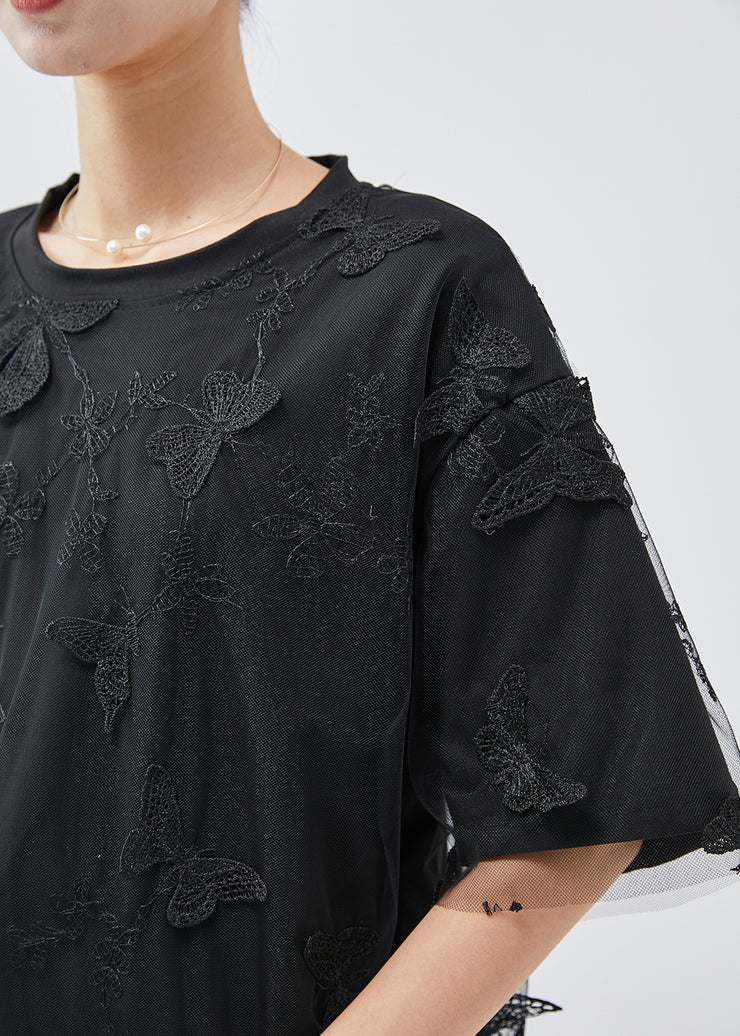 Women Black Embroideried Butterfly Tulle Tops Summer