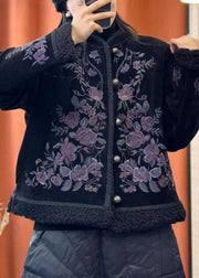 Women Black Embroideried Button Cotton Filled Coats Long Sleeve
