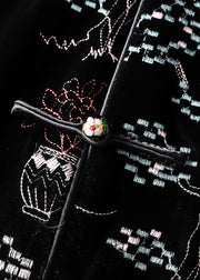 Women Black Embroidered Button Patchwork Silk Velour Waistcoat Fall