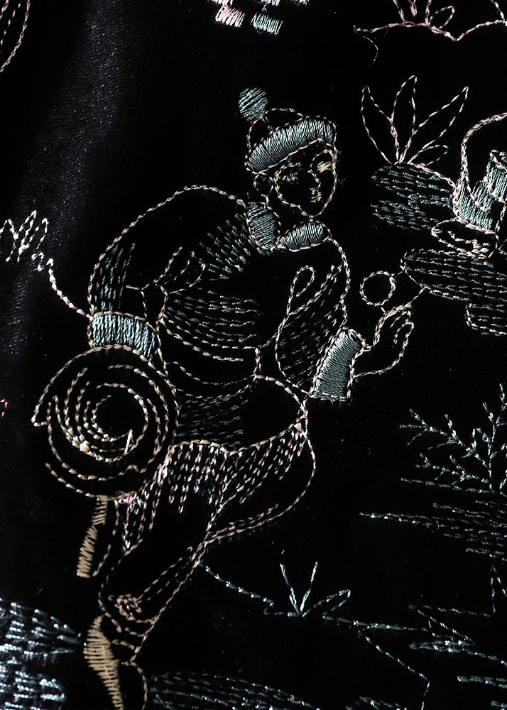 Women Black Embroidered Button Patchwork Silk Velour Waistcoat Fall