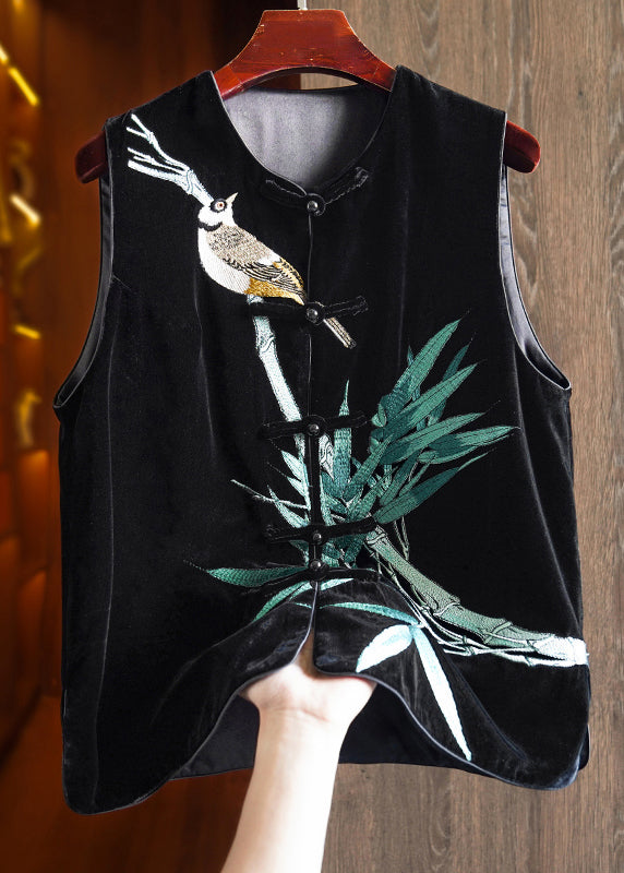 Women Black Embroidered Button Patchwork Silk Velour Waistcoat Sleeveless