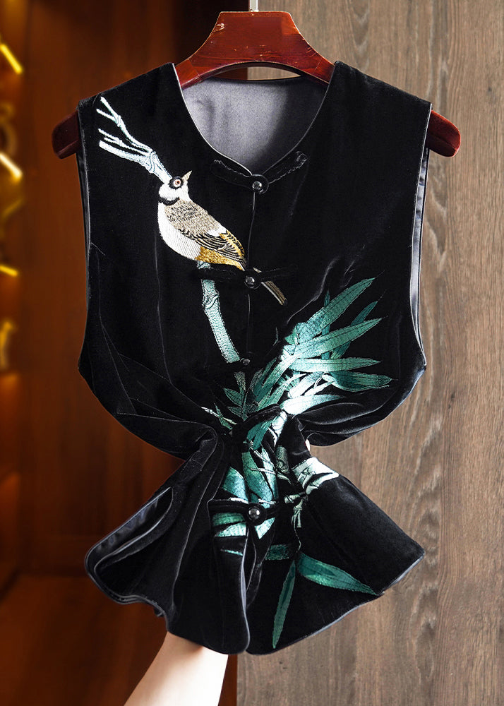 Women Black Embroidered Button Patchwork Silk Velour Waistcoat Sleeveless
